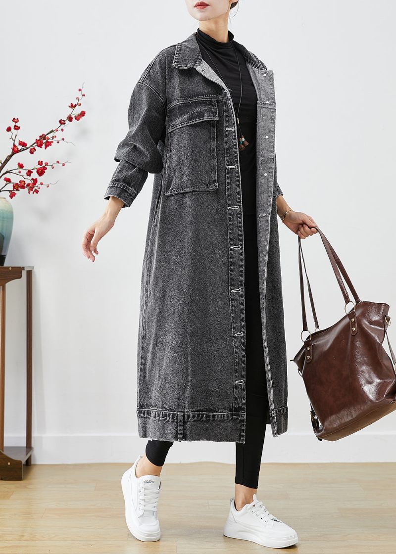 Plus Size Svarta Överdimensionerade Fickor Denim Trench Coats Hösten - Trenchcoats för kvinnor