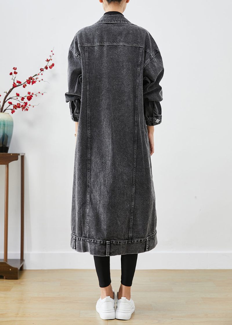 Plus Size Svarta Överdimensionerade Fickor Denim Trench Coats Hösten - Trenchcoats för kvinnor