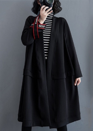 Plus Size Svarta V-halsfickor Bomull Trenchcoat Höst