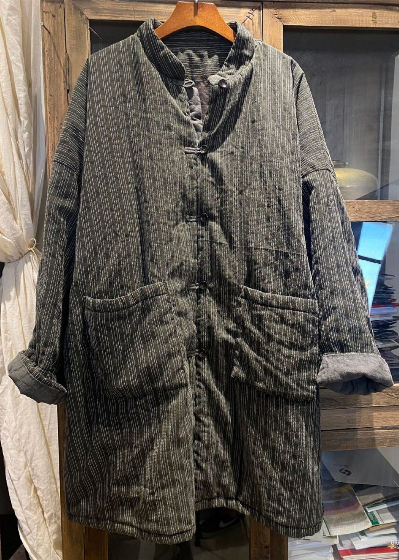 Plus Size Vintage Blå Stativ Krage Fickor Randig Fin Bomullsfylld Kappa Vinter - Dunjackor för kvinnor