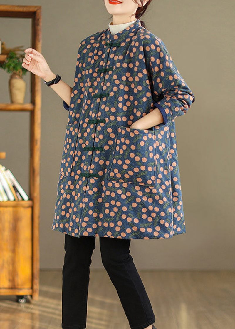 Plus Size Vintage Print Fickor Kinesisk Knapp Fin Bomullsfylld Kappa Vinter - Dunjackor för kvinnor