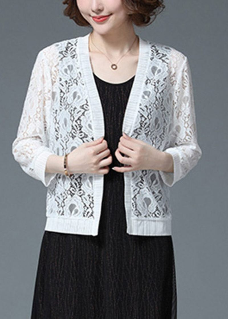 Plus Size White Hollow Out Lace Upf 50+ Cardigan Long Sleeve