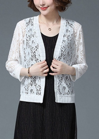 Plus Size White Hollow Out Lace Upf 50+ Cardigan Long Sleeve