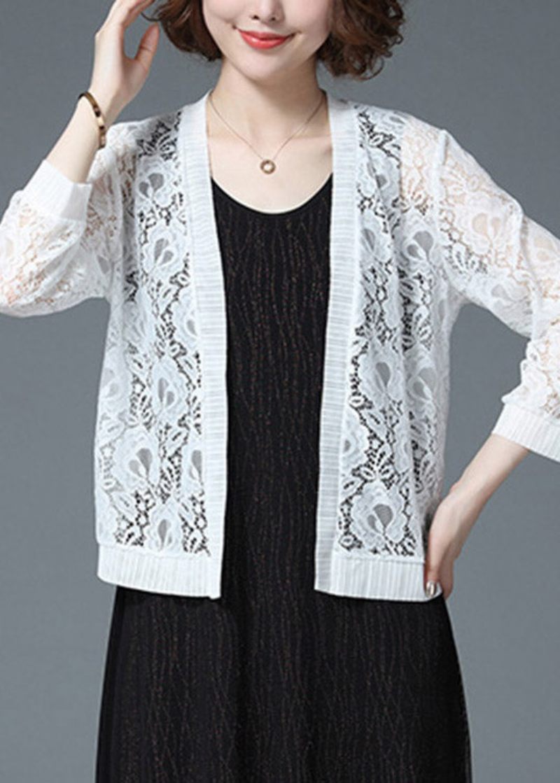 Plus Size White Hollow Out Lace Upf 50+ Cardigan Long Sleeve - Koftor för kvinnor