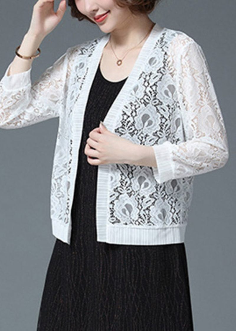 Plus Size White Hollow Out Lace Upf 50+ Cardigan Long Sleeve - Koftor för kvinnor