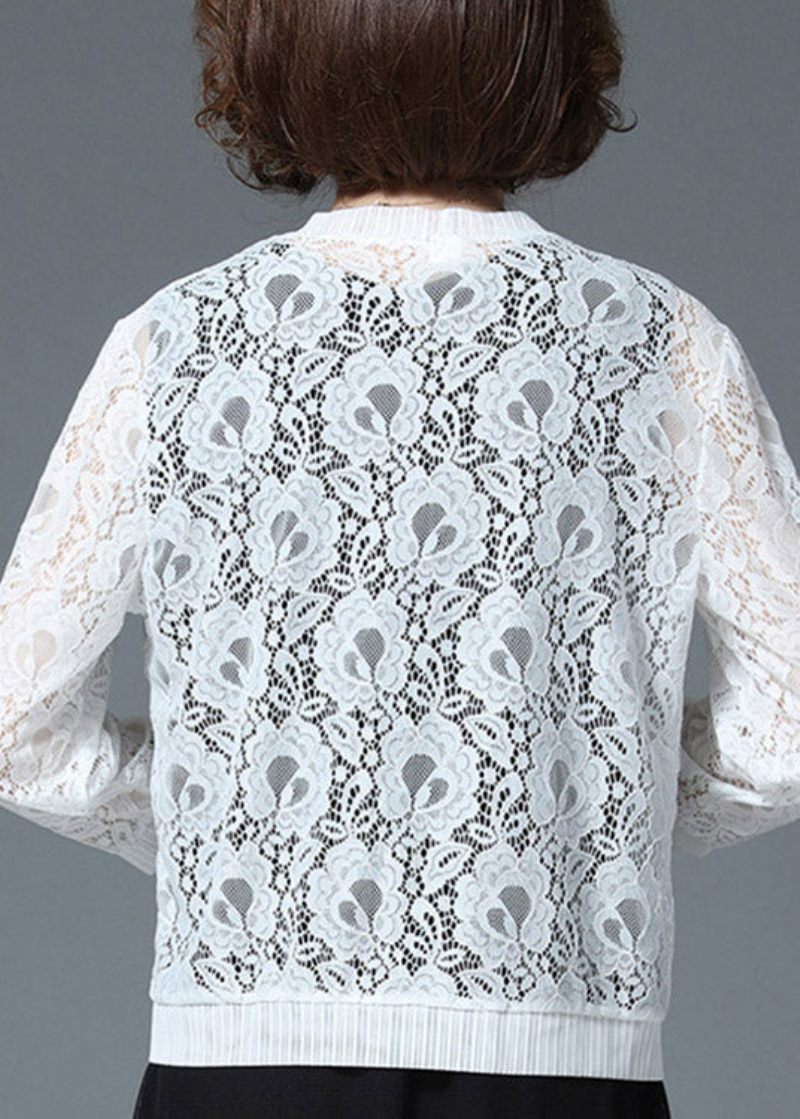 Plus Size White Hollow Out Lace Upf 50+ Cardigan Long Sleeve - Koftor för kvinnor