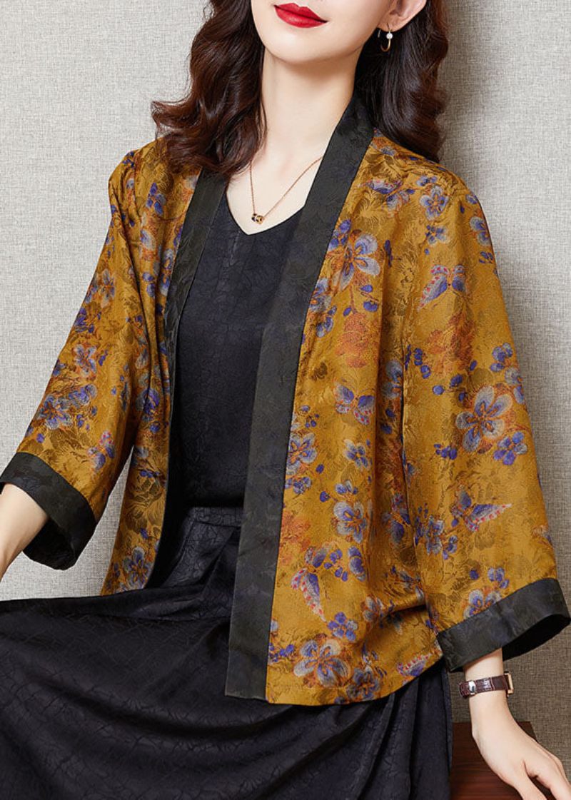 Plus Size Yellow Print Patchwork Silk Loose Cardigans Armband Sleeve