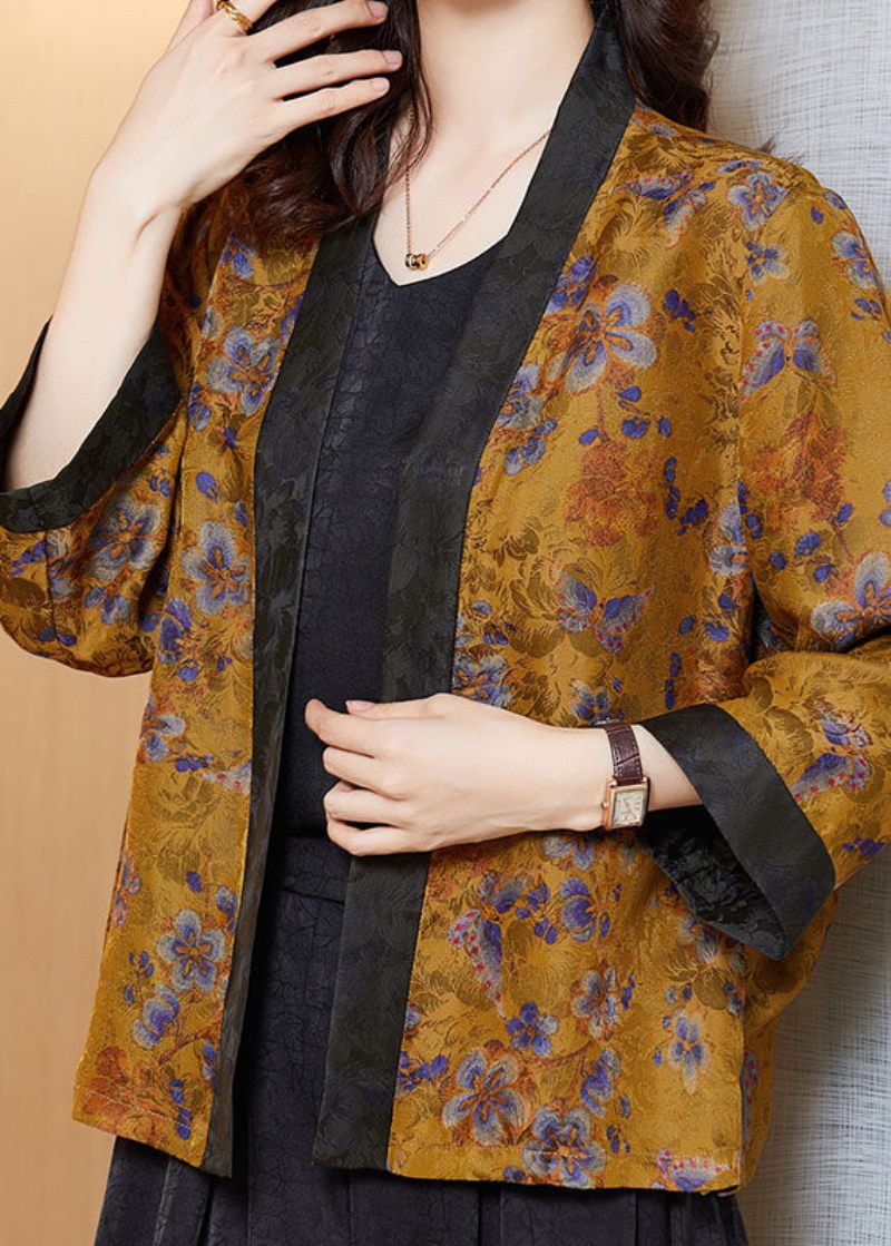 Plus Size Yellow Print Patchwork Silk Loose Cardigans Armband Sleeve - Koftor för kvinnor