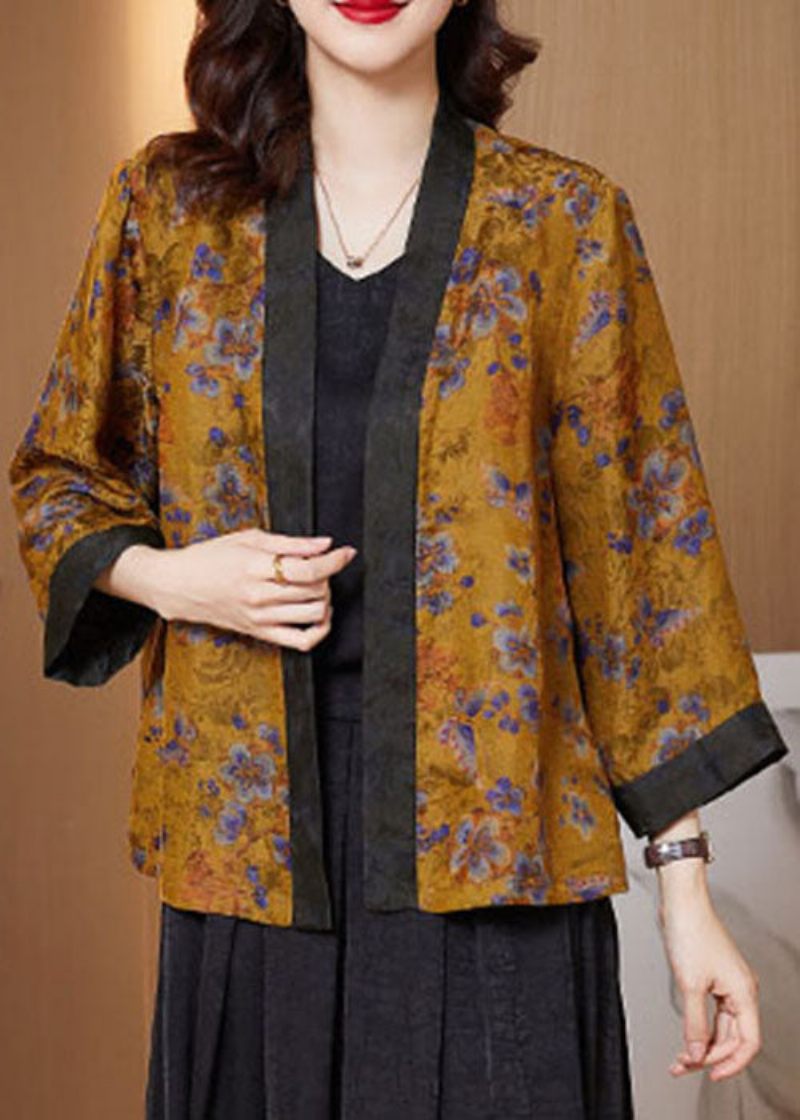 Plus Size Yellow Print Patchwork Silk Loose Cardigans Armband Sleeve - Koftor för kvinnor