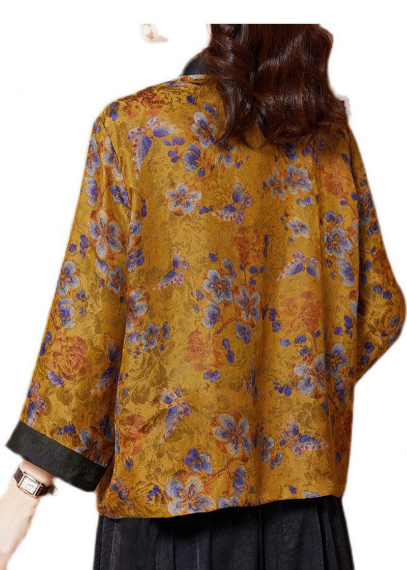 Plus Size Yellow Print Patchwork Silk Loose Cardigans Armband Sleeve - Koftor för kvinnor