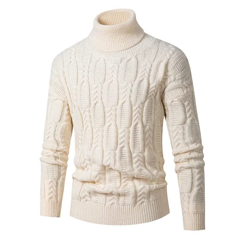 Polokrage Jacquard Tröja Herr Vintage Warm Solid Pullover Pull Marque Luxe Sweater - Beige Vit