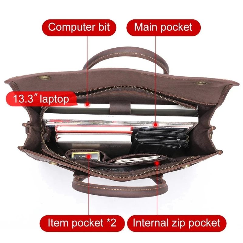 Portfölj För Män I Äkta Läder 13.3 Tum Laptop Business Handväska Retro Crossbody - Brun