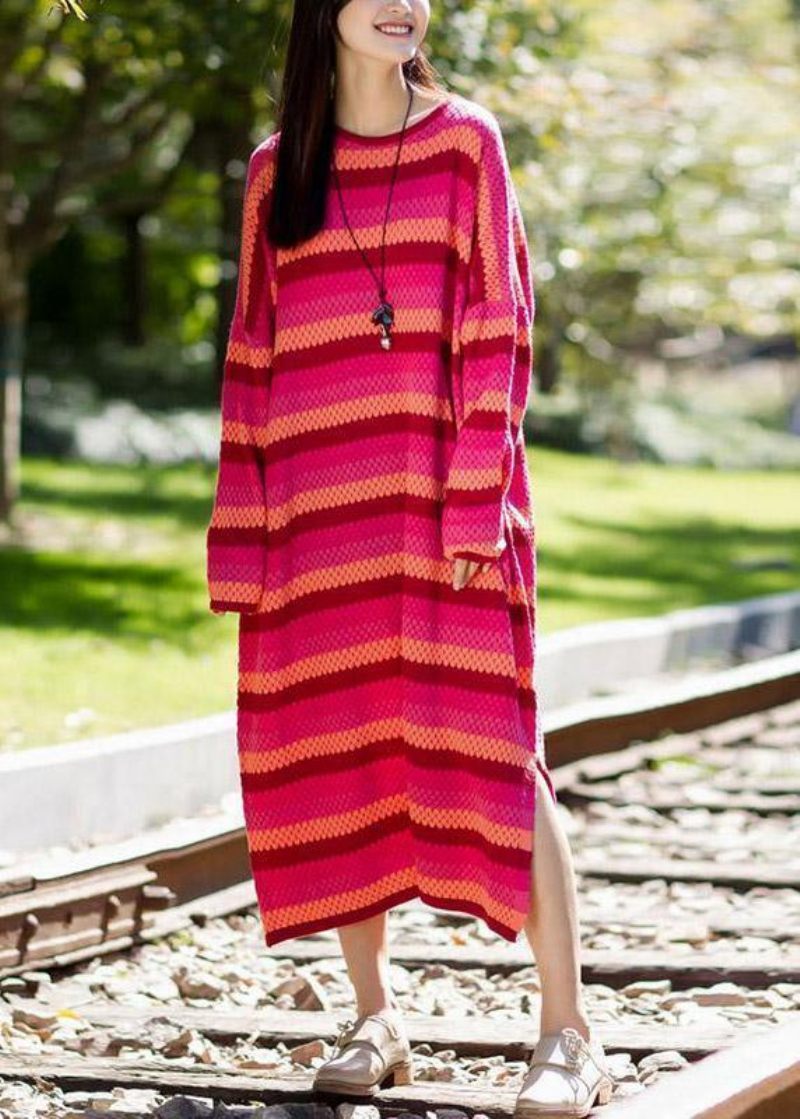 Pullover Sweater Klänningar Refashionstripe Split Long Sleeve Woolen Dress - Ullrockar för kvinnor