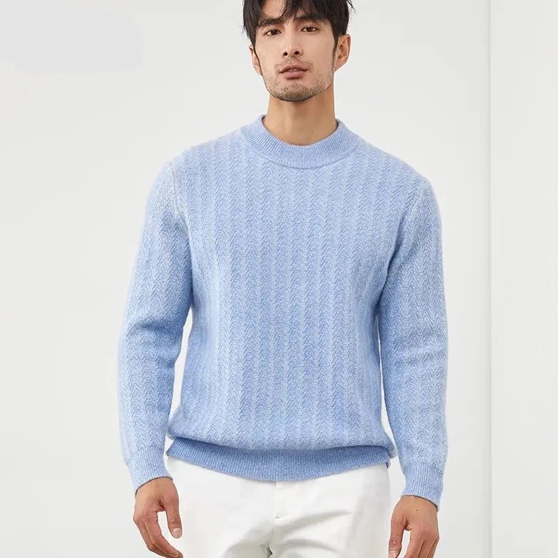 Pure Cashmere Tröja Herr Med O-ringning High-end Stickad Tjock Jacka Ungdom Varm Skjorta - Blått Och Vitt