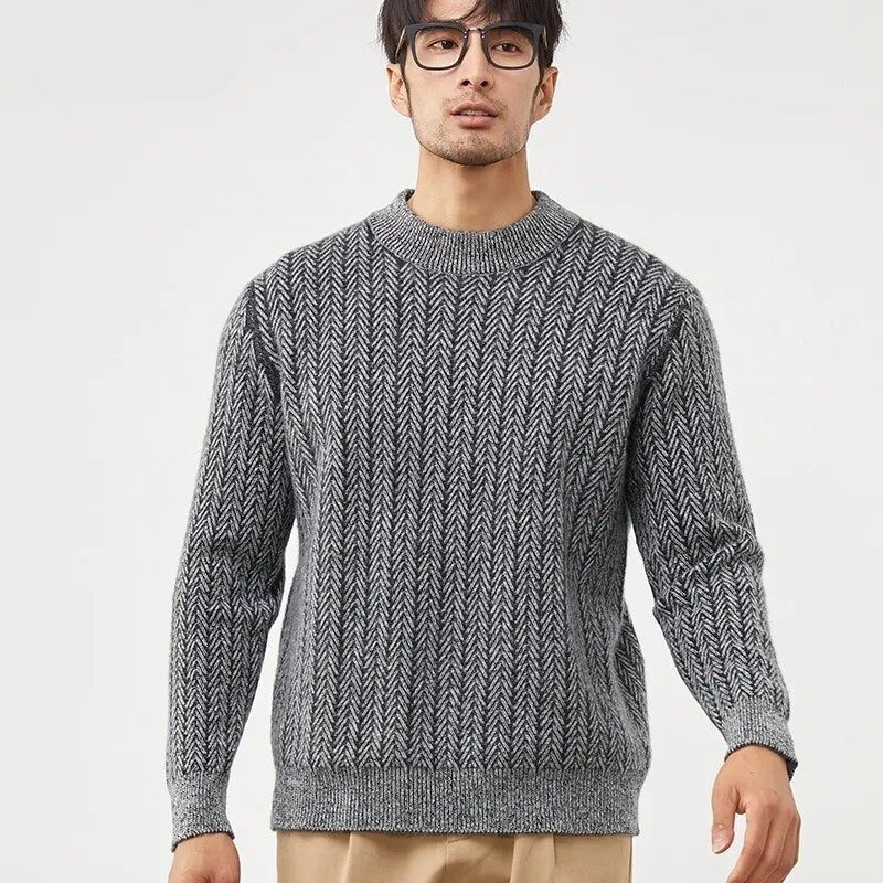 Pure Cashmere Tröja Herr Med O-ringning High-end Stickad Tjock Jacka Ungdom Varm Skjorta - Blått Och Vitt