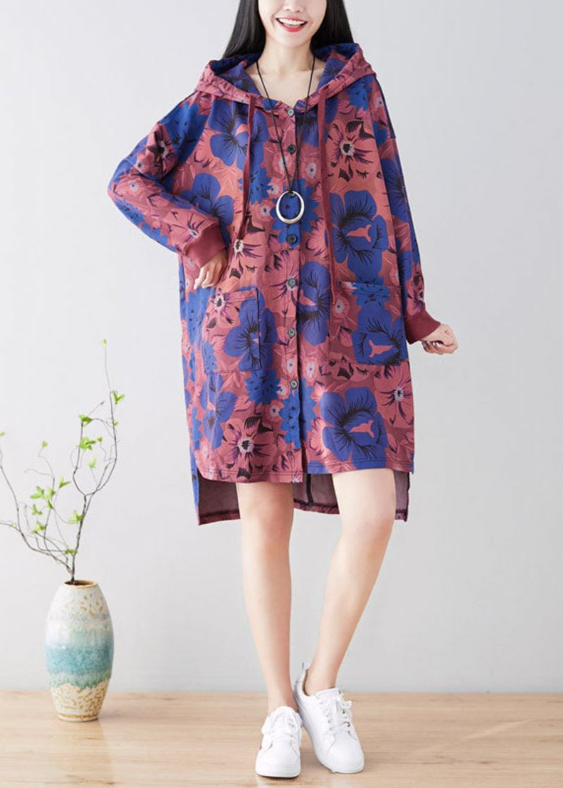 Purple Print Patchwork Cotton Hooded Coat Spring