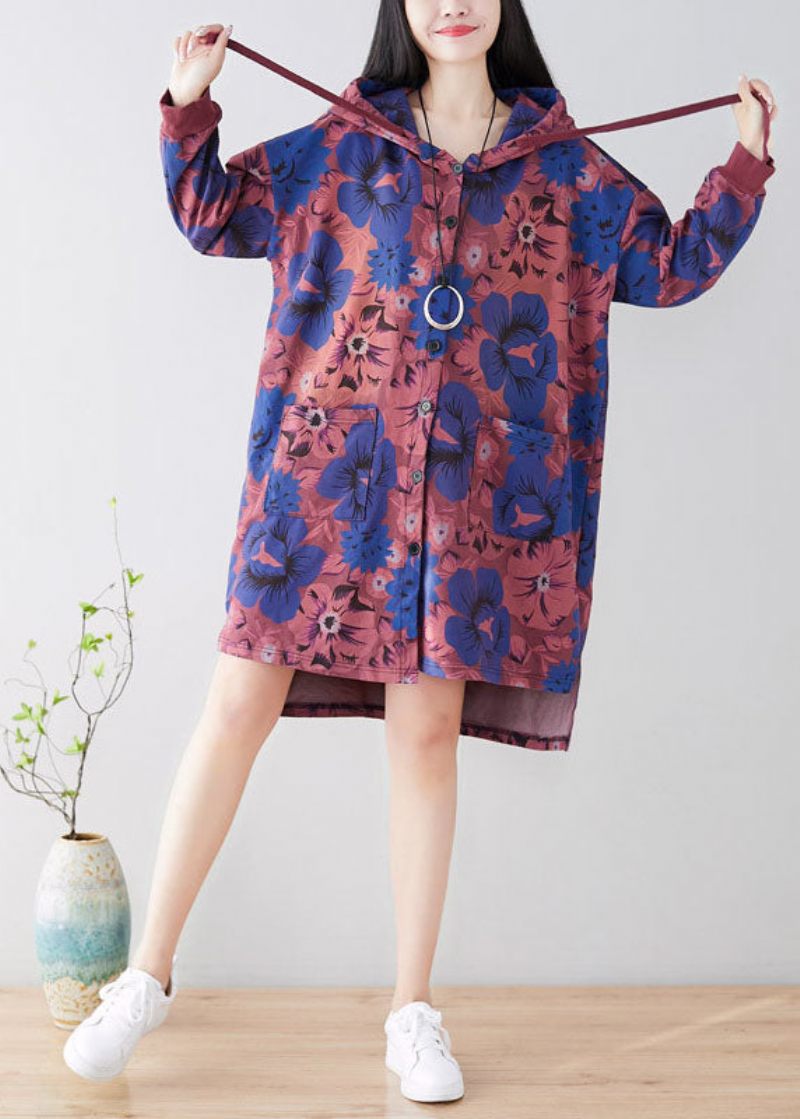 Purple Print Patchwork Cotton Hooded Coat Spring - Vinterkappor för kvinnor