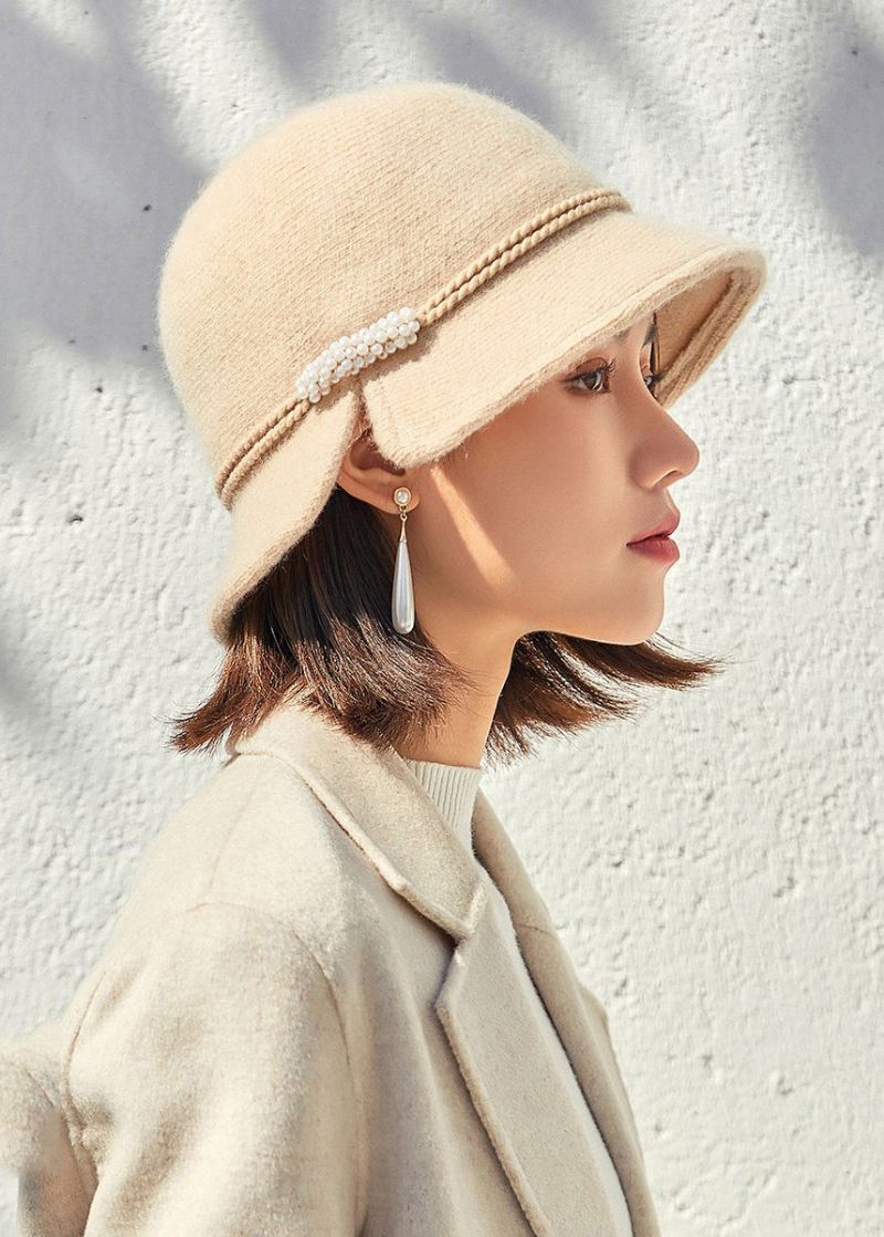 Retro Beige Nail Bead Side Open Woolen Bucket Hat - Ullrockar för kvinnor