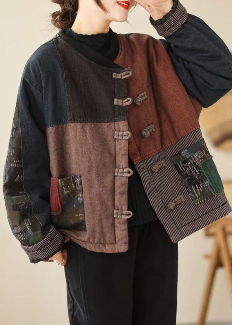 Retro Blå Orientalisk Knapp Patchwork Applikation Fin Bomullsfylld Kappa Ytterkläder Vinter