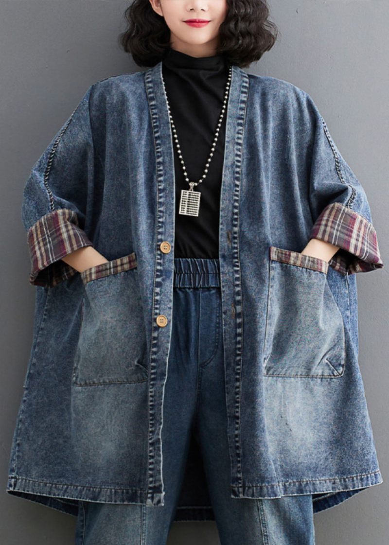 Retro Blå V-hals Randig Patchwork Denim Trench Coat Långärmad