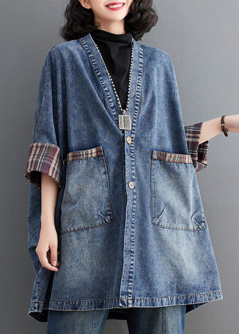 Retro Blå V-hals Randig Patchwork Denim Trench Coat Långärmad - Blå