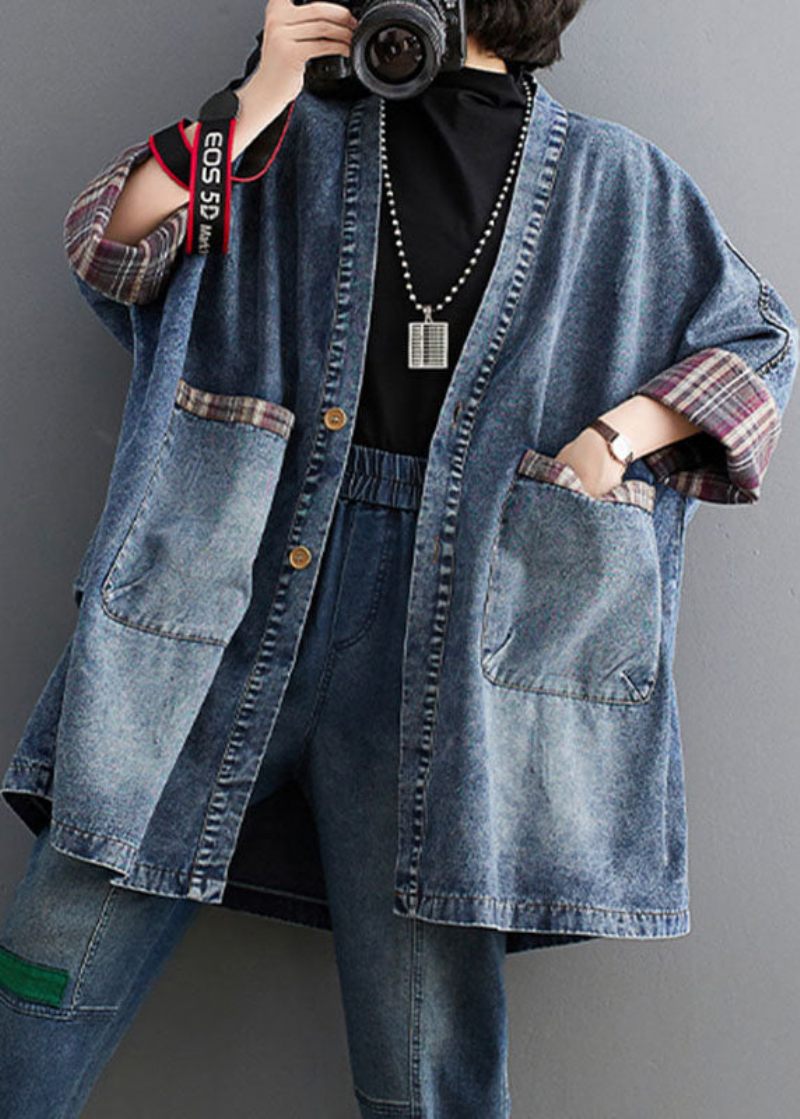 Retro Blå V-hals Randig Patchwork Denim Trench Coat Långärmad - Blå