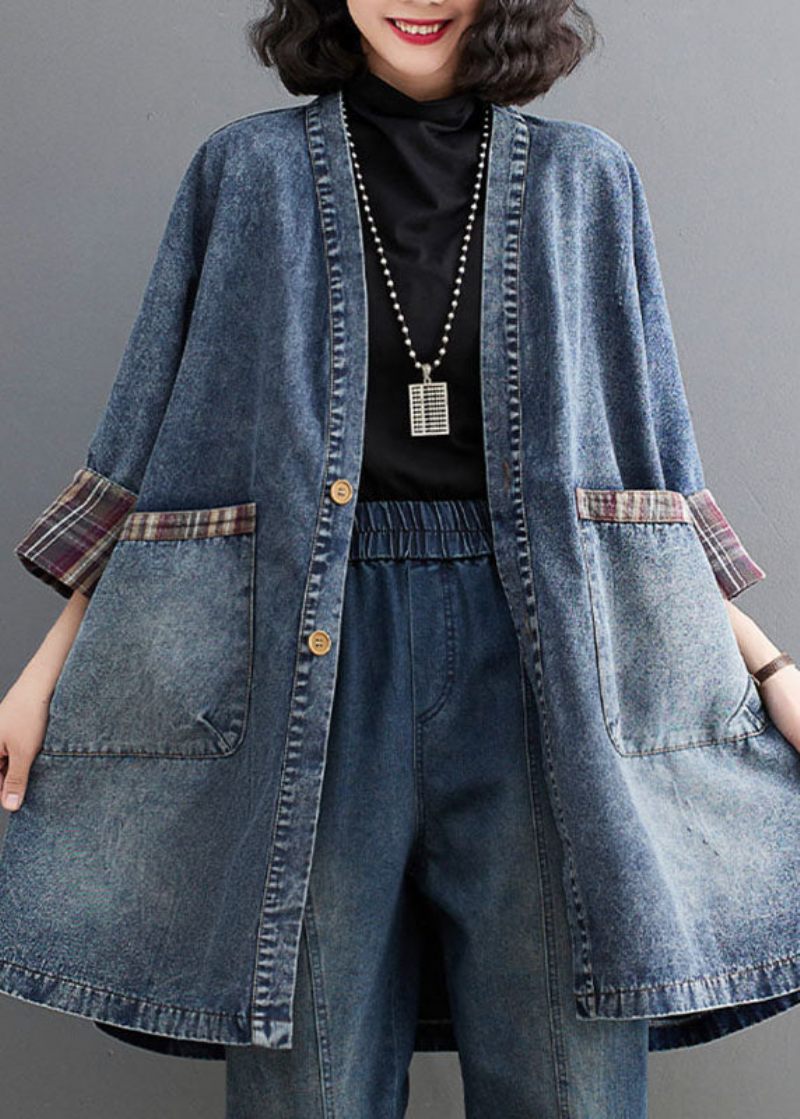 Retro Blå V-hals Randig Patchwork Denim Trench Coat Långärmad - Blå