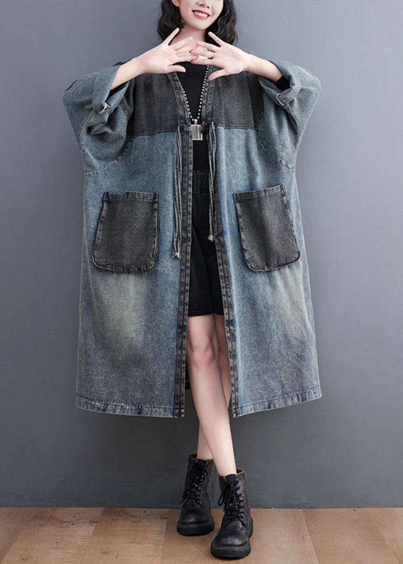 Retro Blå V-halsfickor Patchwork-knapp Denim Långa Trenchcoats Höst