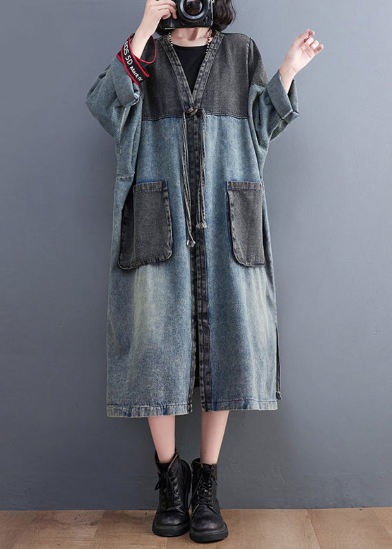 Retro Blå V-halsfickor Patchwork-knapp Denim Långa Trenchcoats Höst - Trenchcoats för kvinnor