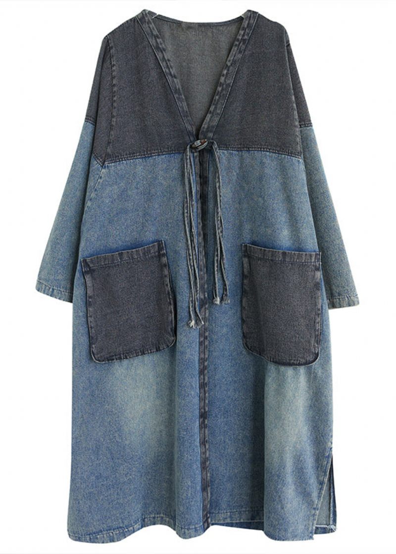 Retro Blå V-halsfickor Patchwork-knapp Denim Långa Trenchcoats Höst - Trenchcoats för kvinnor