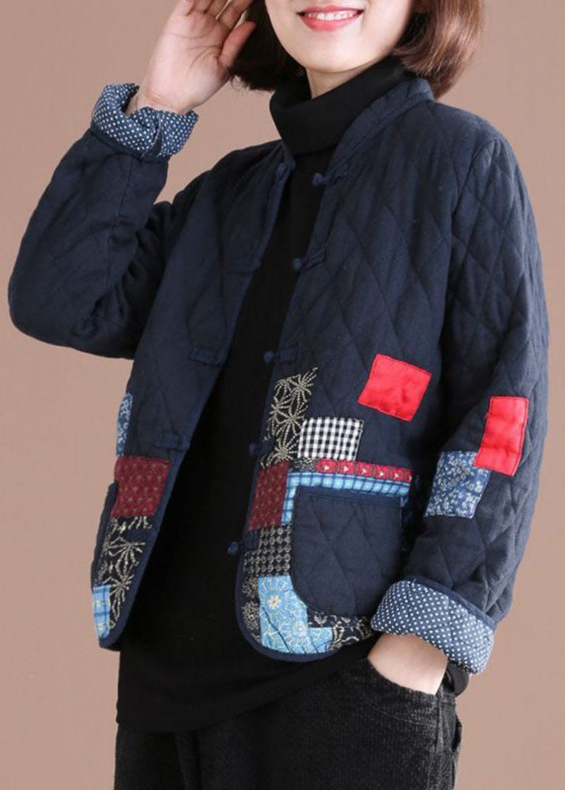 Retro Blue Oriental Patchwork Applikation Fina Bomullsfyllda Jackor Vinter