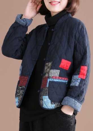 Retro Blue Oriental Patchwork Applikation Fina Bomullsfyllda Jackor Vinter