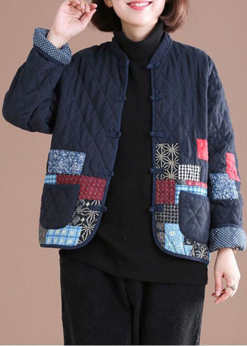 Retro Blue Oriental Patchwork Applikation Fina Bomullsfyllda Jackor Vinter - Dunjackor för kvinnor