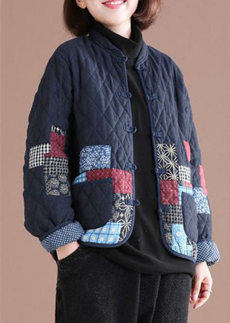 Retro Blue Oriental Patchwork Applikation Fina Bomullsfyllda Jackor Vinter - Dunjackor för kvinnor