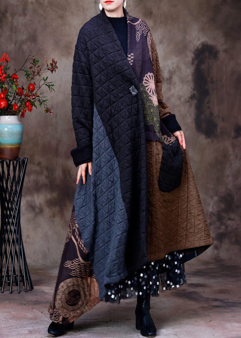 Retro Choklad Patchwork Svart Färg V-hals Asymmetriska Knappfickor Tryck Bomull Tjock Maxi Coat Långärmad