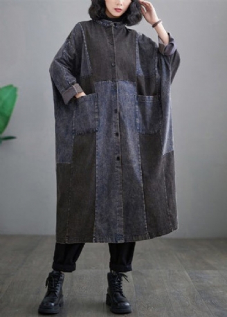 Retro Denim Blå Fickor Patchwork Knapp Långa Trenchcoats Långärmad