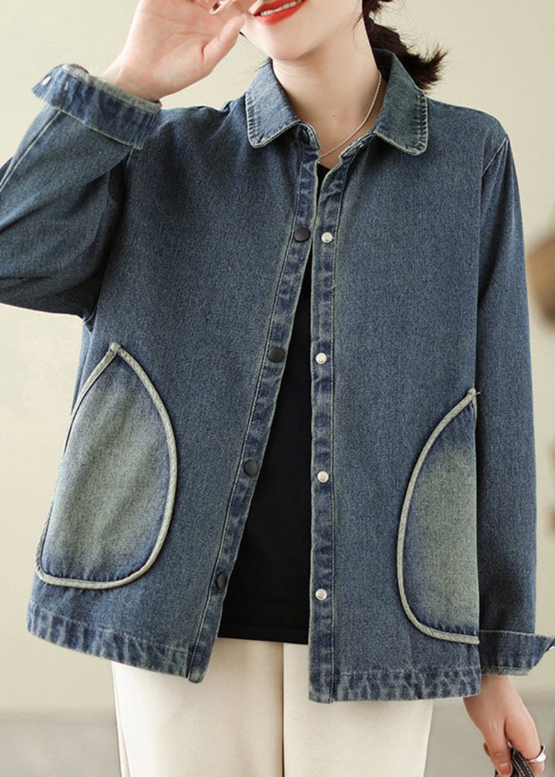 Retro Denim Blå Pockets Patchwork Coats Vår