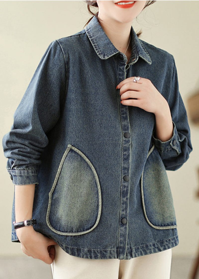 Retro Denim Blå Pockets Patchwork Coats Vår - Vinterkappor för kvinnor