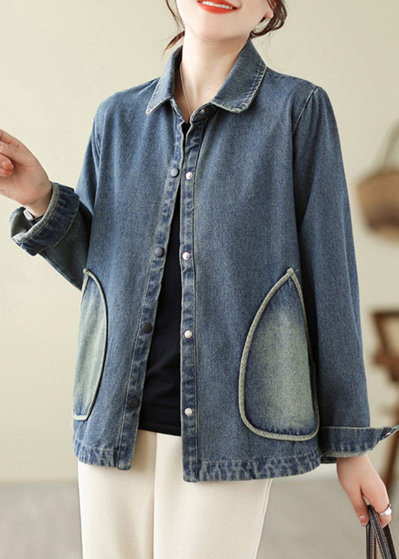 Retro Denim Blå Pockets Patchwork Coats Vår - Vinterkappor för kvinnor