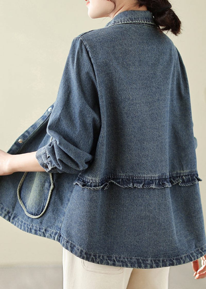 Retro Denim Blå Pockets Patchwork Coats Vår - Vinterkappor för kvinnor