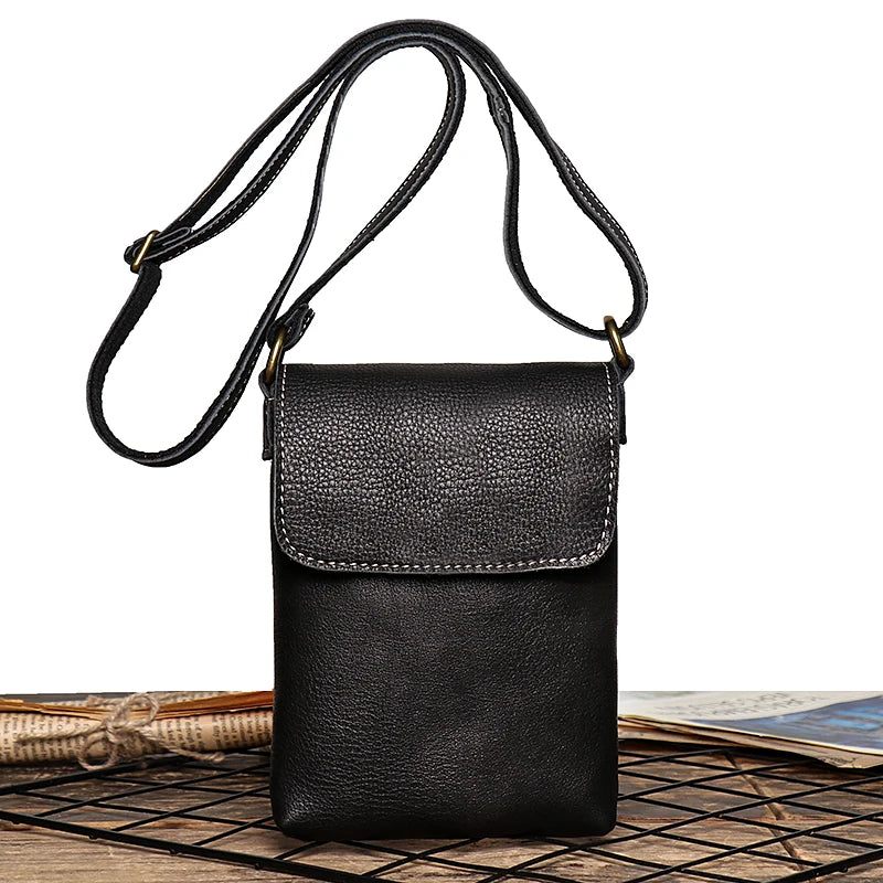 Retro Flip Svart Liten Axelväska För Män Crossbody-väskor I Äkta Läder Minority Design Man Enkel - Svart