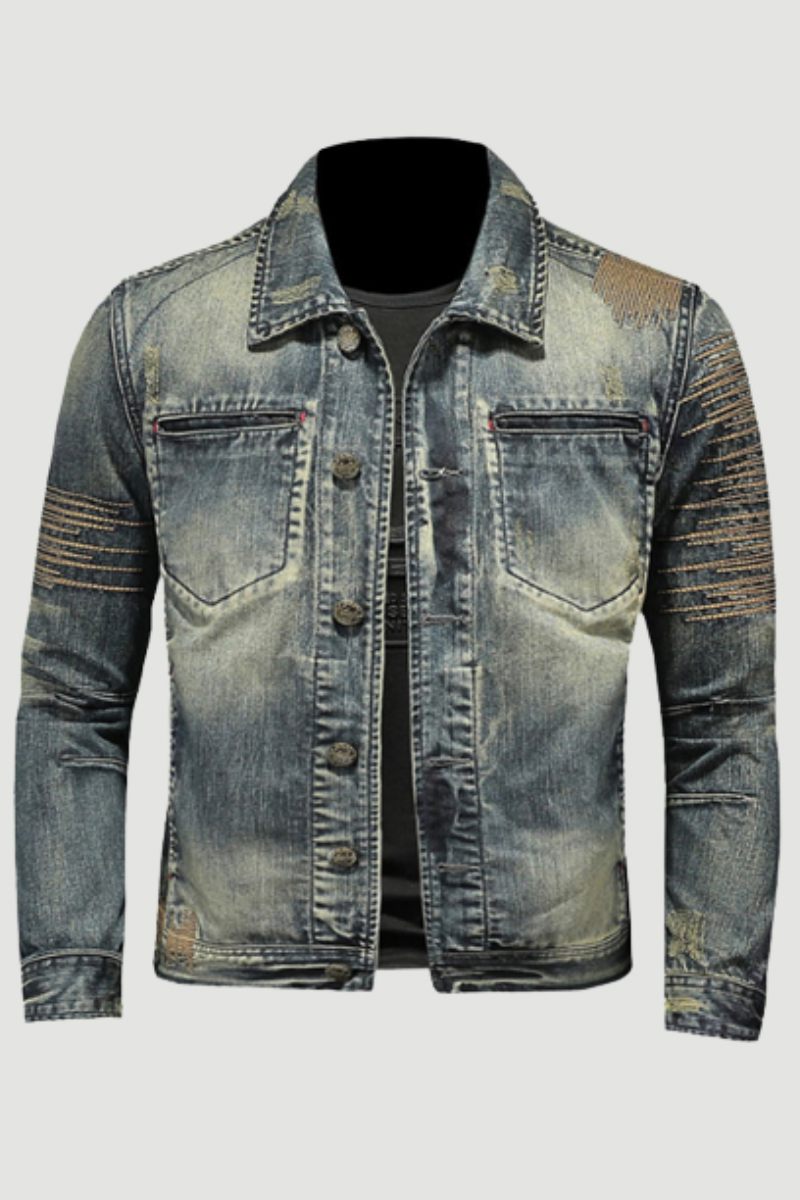 Retro Jeansjacka Män Höstbomber Motorcykel Casual Lapel Långärmad Broderi Smal Kläder