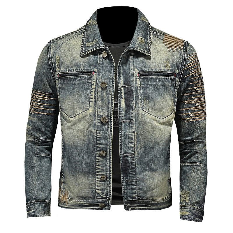 Retro Jeansjacka Män Höstbomber Motorcykel Casual Lapel Långärmad Broderi Smal Kläder - Denim Blå