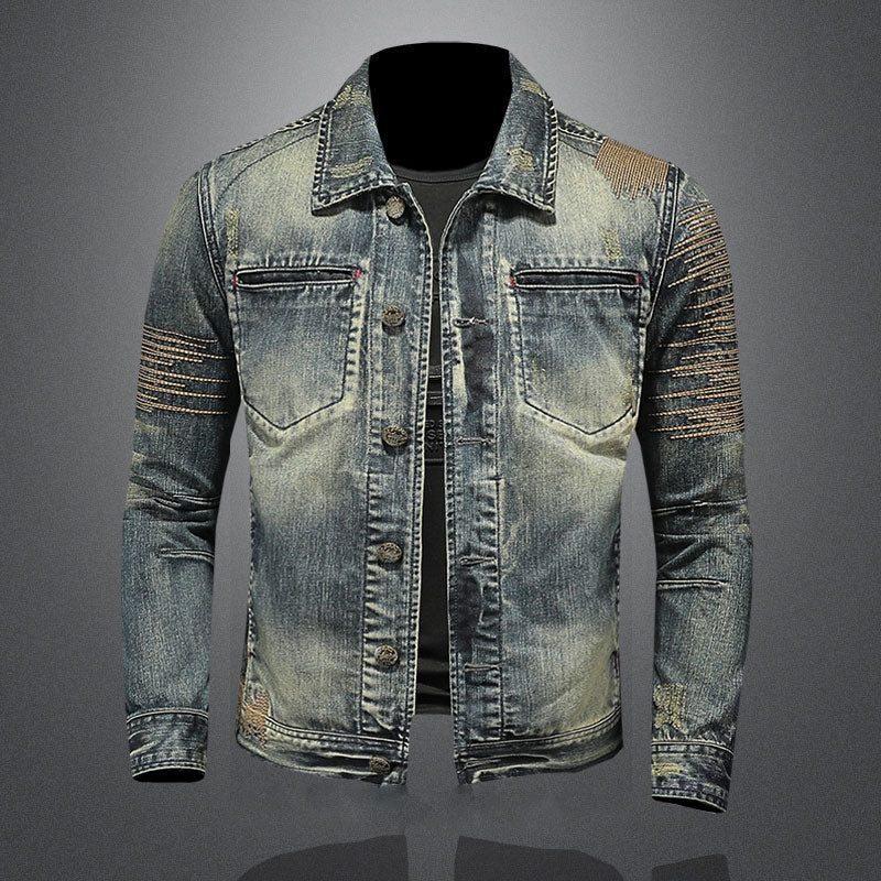 Retro Jeansjacka Män Höstbomber Motorcykel Casual Lapel Långärmad Broderi Smal Kläder - Denim Blå