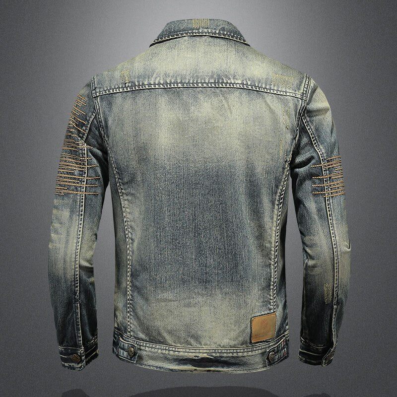 Retro Jeansjacka Män Höstbomber Motorcykel Casual Lapel Långärmad Broderi Smal Kläder - Denim Blå