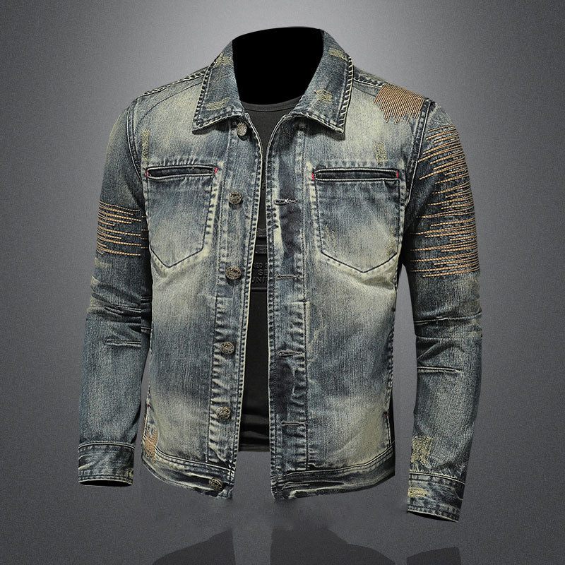 Retro Jeansjacka Män Höstbomber Motorcykel Casual Lapel Långärmad Broderi Smal Kläder - Denim Blå