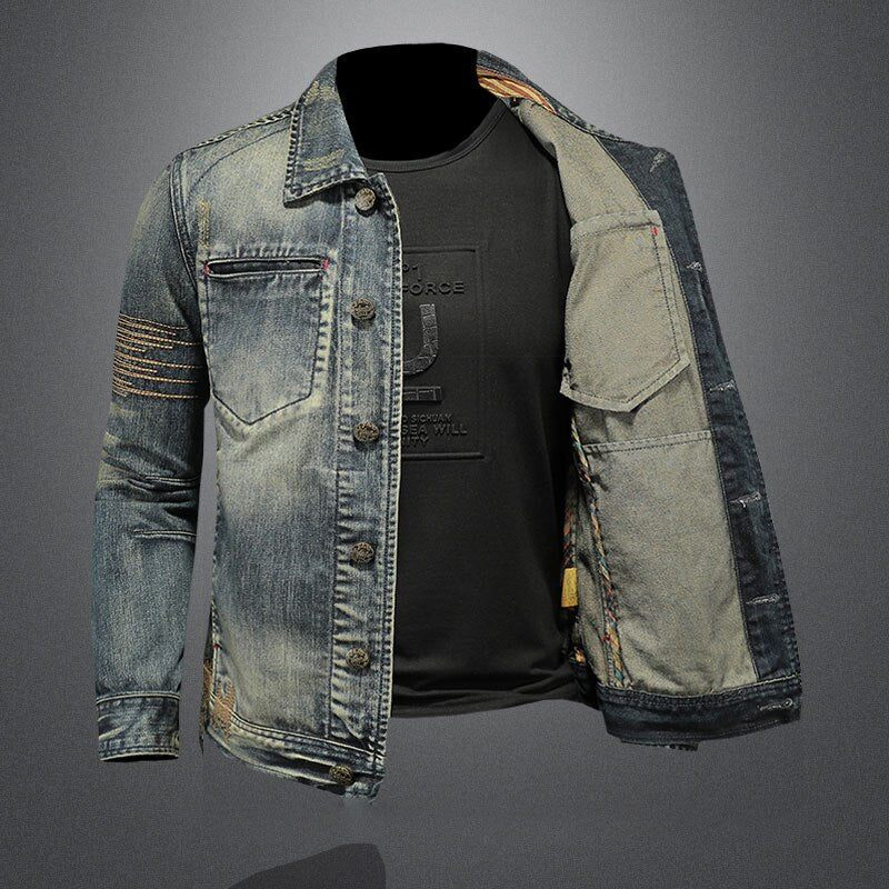 Retro Jeansjacka Män Höstbomber Motorcykel Casual Lapel Långärmad Broderi Smal Kläder - Denim Blå