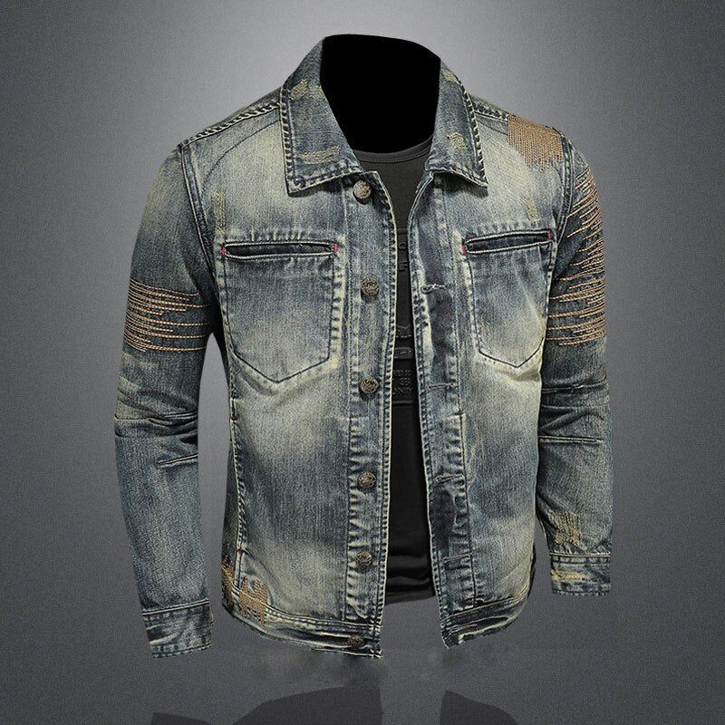 Retro Jeansjacka Män Höstbomber Motorcykel Casual Lapel Långärmad Broderi Smal Kläder - Denim Blå