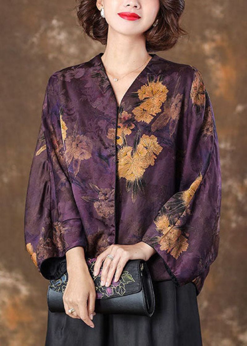 Retro Lila V-halstryck Patchwork Silk Coat Batwing Sleeve