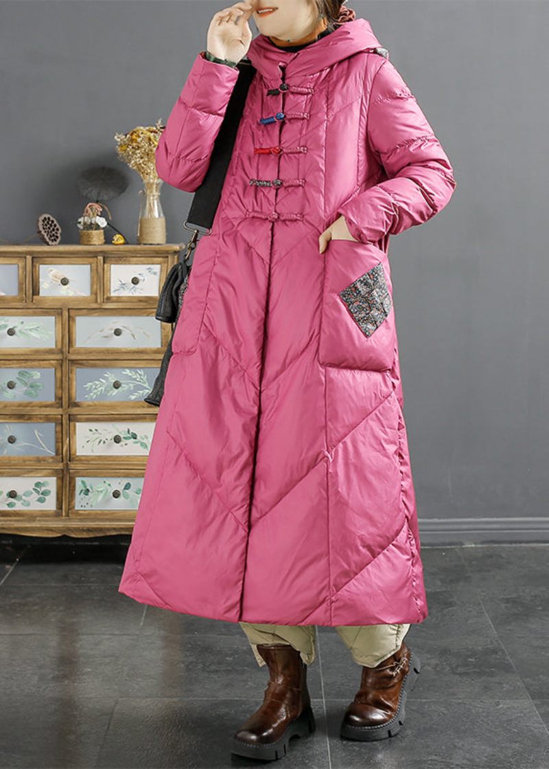 Retro Rose Hooded Fickor Kinesisk Button Duck Down Puffers Coat Winter